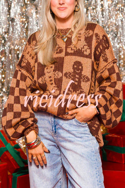 Christmas Gingerbread Man Round Neck Long Sleeve Loose Knit Sweater