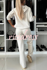 Solid Color Loose Hooded Tie Sweatshirt and Elastic Waist Casual Straight Pants Set