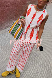 Good Luck Linen Blend Koi Pattern High Rise Elastic Waist Loose Pants
