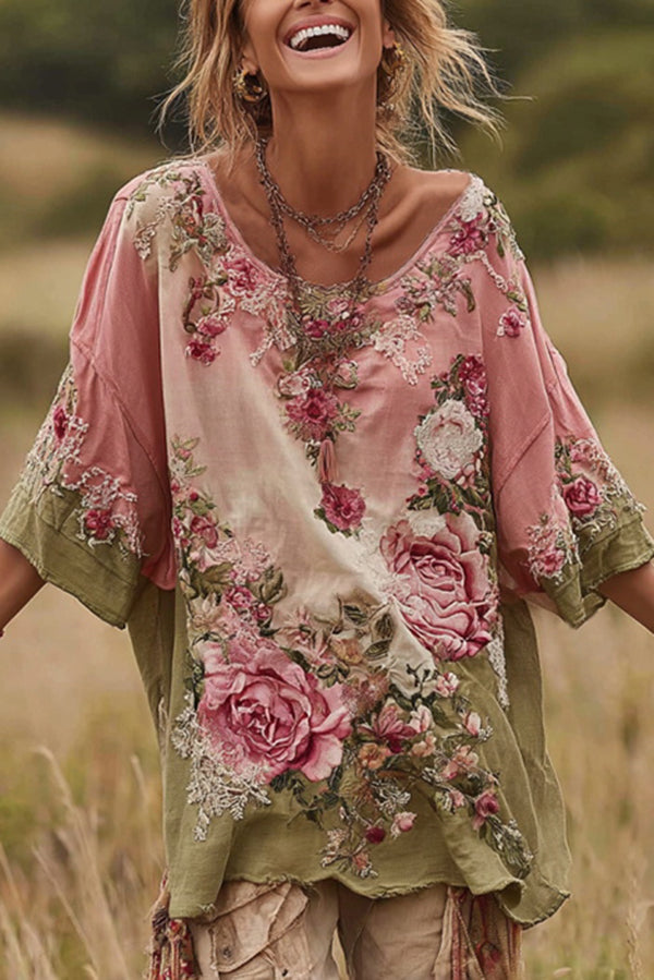 Bohemian Floral Print Round Neck Long-sleeved Loose Top
