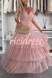 Romantic Movie Tulle Ruched Tiered Hem Slip Maxi Dress