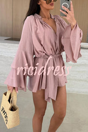 Molly Linen Blend Tiered Bell Sleeve Tie-up Cover-up Mini Dress