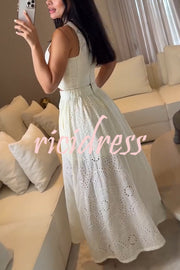 Kaya Embroidery Hollow Lace Back Smocked Tank and Elastic Waist A-line Maxi Skirt Set