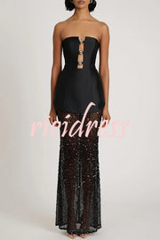 Nerissa Satin cutout metal ball Patchwork sequin hem strapless maxi dress