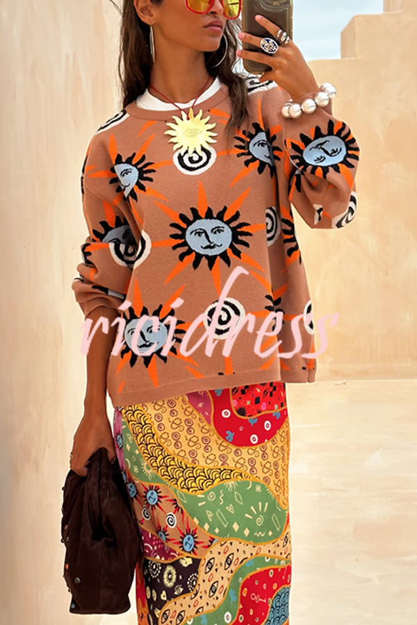 Mediterranean Art Knit Unique Sun Vortex Print Long Sleeve Relaxed Sweater