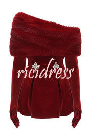 Stylish Velvet Off-shoulder Fitted Mini Dress and Fluffy Shawl, Velvet Gloves Three-piece Set