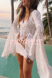 Coachella Time Unique Lace Pattern Oversized Bell Sleeve Stretch Mini Dress