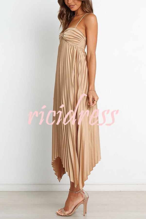 Solid Color Sexy Suspender Pleated Irregular Midi Dress