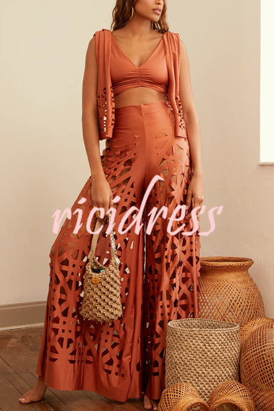 Sexy V-neck Sleeveless Top and Elastic Waist Hollow Wide-leg Pants Set