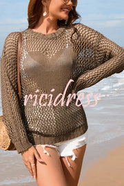 Solid Color Round Neck Long Sleeve Heart Knitted Beach Cover Up