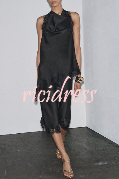 Dolly Satin Lace Trim Mid Rise Slit Drape Midi Skirt
