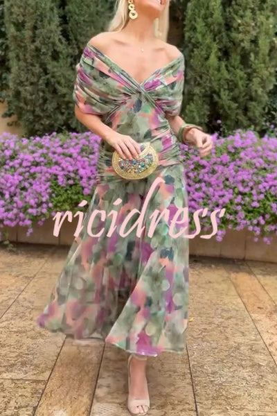 Unique Printed V-Neck Waisted Mesh Holiday Maxi Dress