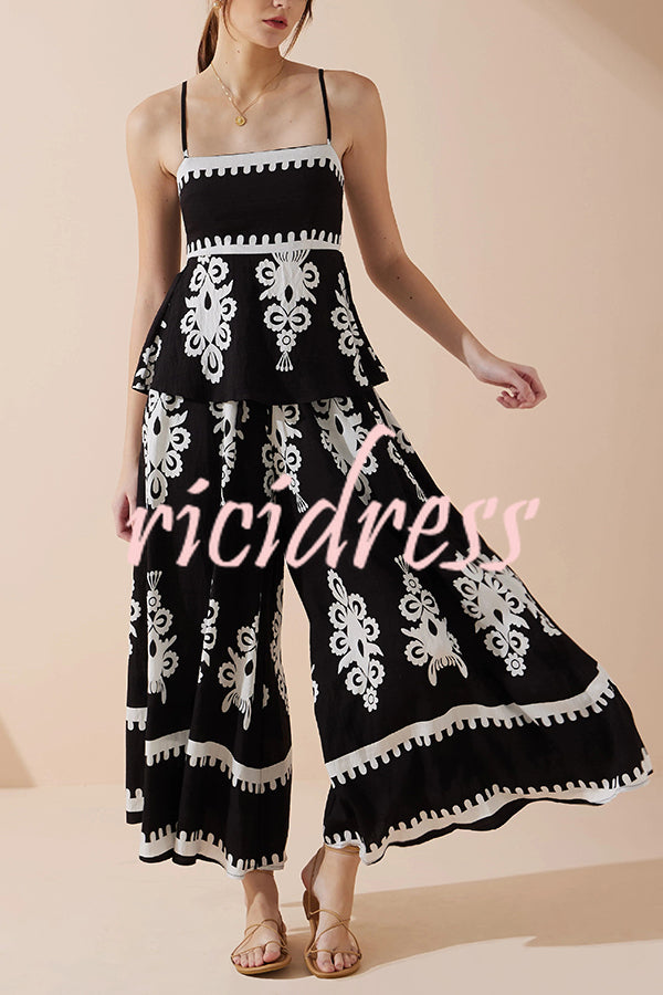 Unique Ethnic Print Suspender Pleated Top and Elastic Waist Loose Wide-leg Pants Set