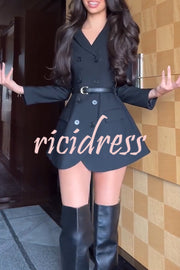 Parisian Style Double-breasted Long Sleeve Flare Hem Lapel Blazer Mini Dress