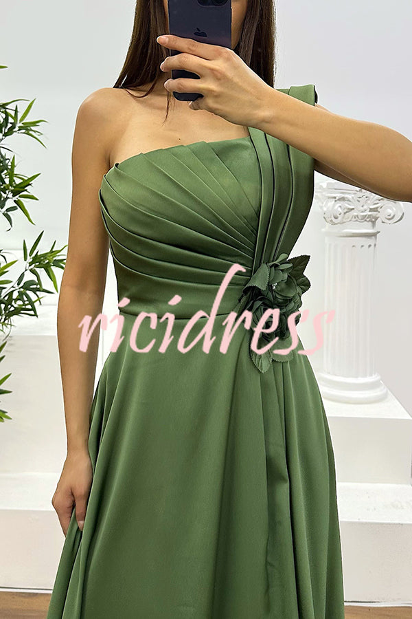 Nasha Satin Pleated One Shoulder Petal Gemstone Detail Pocket Slit Maxi Dress