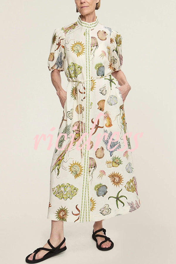 Beach Shell Print Puff Sleeve Tie-Waist Casual Midi Dress