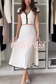 Stylish Stretch Fit Short-sleeve Top and Elastic Waist Midi Skirt Set