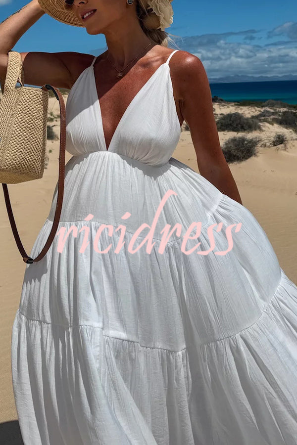 Bohemian Style V-neck Backless Slip Layered Vacation Maxi Dress