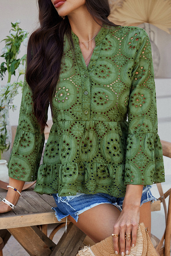 Solid Color Casual Resort Style Hollow V-neck Shirt