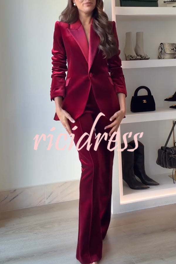 Delicate Daze Velvet Satin Lapel Button Up Long Sleeve Tapered Waist Blazer