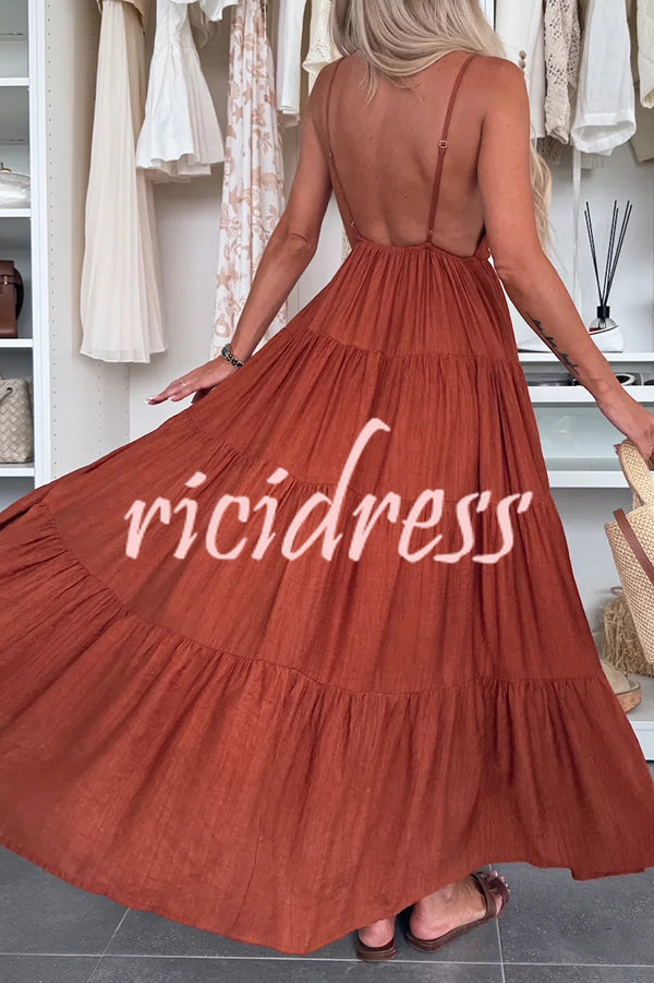 Bohemian Style V-neck Backless Slip Layered Vacation Maxi Dress