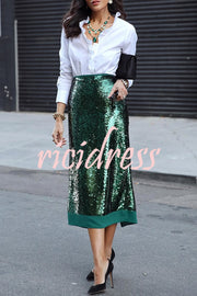 Shimmer Scene Sequin Patchwork Hem High Rise Slit Pencil Midi Skirt