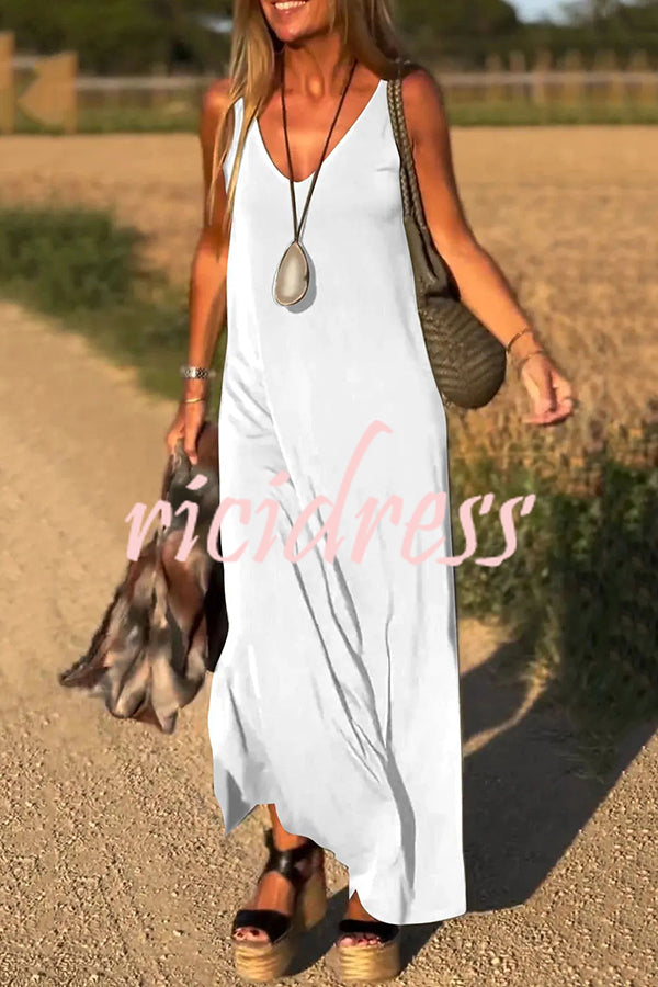 Solid Color V-neck Sleeveless Casual Loose Maxi Dress