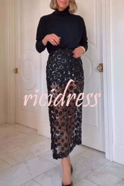 Gorgeous Flower Embellished Sequin Sheer High Rise Slit Midi Skirt