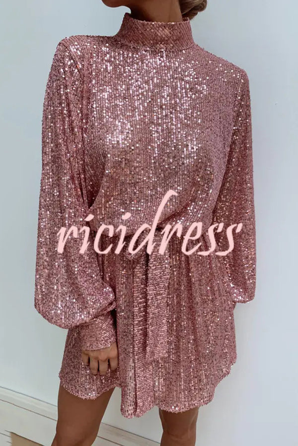Fashionable Sequined Long-sleeved Belted Casual Mini Dress