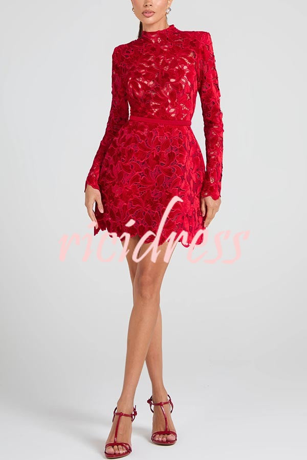 Lydia Embroidered Floral Lace Long Sleeve Belt Tulip Shaped Mini Dress