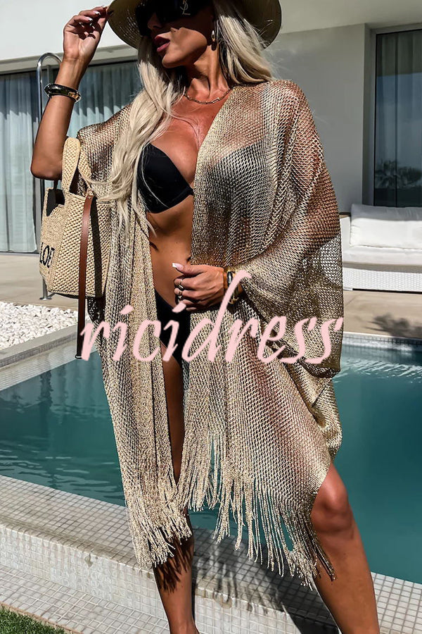Perfect Look for Vacation Tassle Trim Batwing Sleeve Loose Cover-ups