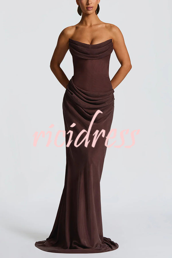 Liora Ruched Cowl Neck Sheer Mesh Waist Off Shoulder Scarf Maxi Dress