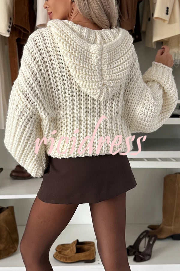 Warm Day Knit Button Up Long Balloon Sleeve Hooded Loose Cardigan