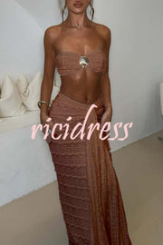 Fashion Metal Shell Embellished Sexy Bandeau and Elastic Tie Maxi Skirt Set