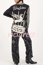 Black Magic Satin Unique Print Long Sleeve Blouse and Elastic Waist Pocket Wide Leg Pants Set