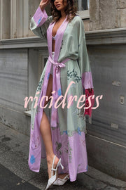 Karty Satin Unique Print Long Sleeve Belt Lapel Kimono Cover-ups