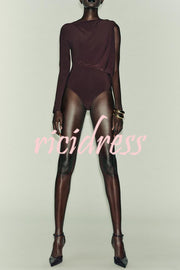 After Party Energy Brooch Detail One Sleeve Ruched Drape Stretch Bodysuit