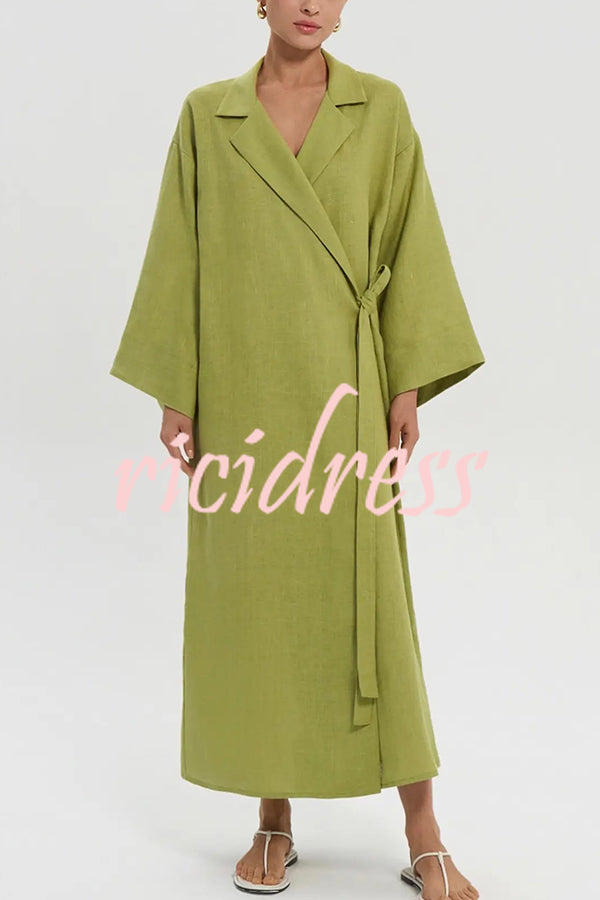 Linen Blend Solid Color Casual Lapel Tie Loose Maxi Dress