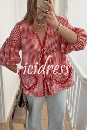 Lovely Plaid Heart Pattern Casual Lace-up Pocket Loose Shirt