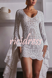 Coachella Time Unique Lace Pattern Oversized Bell Sleeve Stretch Mini Dress