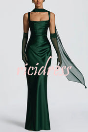 Calanthe Satin Square Neck Ruched Back Lace-up Drape Mesh Scarf Maxi Dress