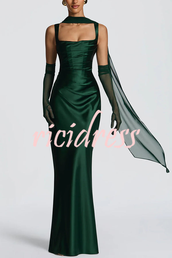 Calanthe Satin Square Neck Ruched Back Lace-up Drape Mesh Scarf Maxi Dress