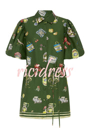Linen Blend Unique Print Puff Sleeve Casual Mini Dress