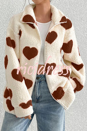 Fashion Plush Heart Print Loose Pocket Long Sleeve Zipper Jacket