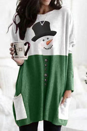 Snowman Print Long Sleeve Pocket Pullover Mini Dress