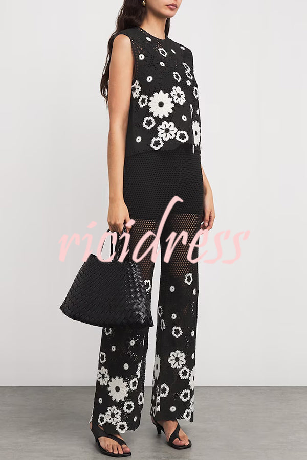 Fashion Embroidered Hollow Hook Elastic Waist Casual Wide-leg Pants