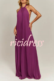 Gabie Chiffon Pleated Braided Halter Neck Backless A-line Maxi Dress