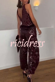 Gala Goddess Sequin High Rise Zipper Waist Wide Leg Pants