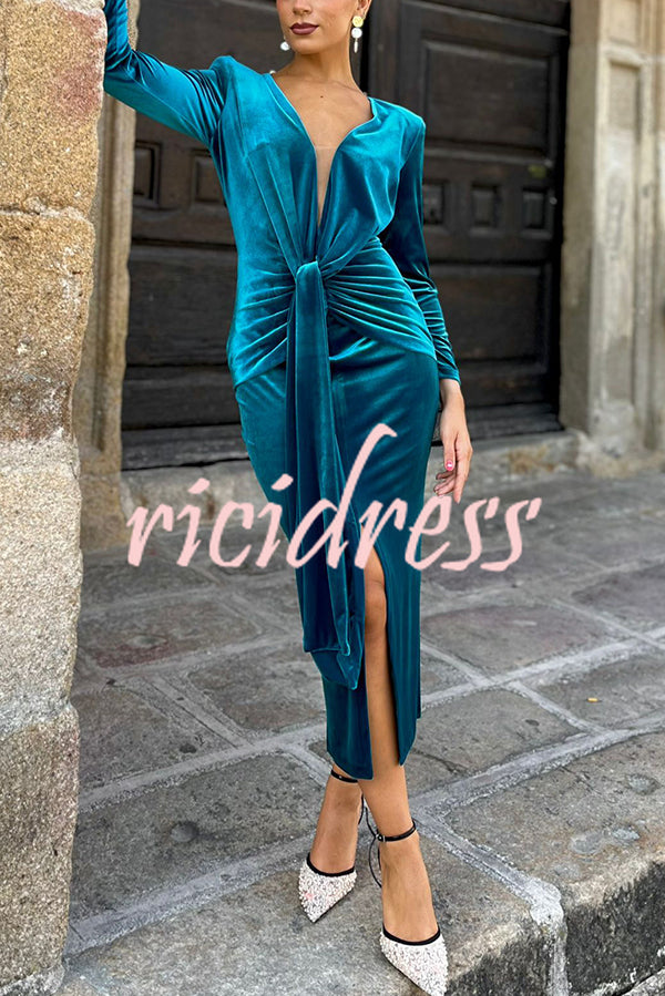Elisabeth Luxurious Velvet Padded Shoulders Long Sleeve Twist Waist Drape Midi Dress