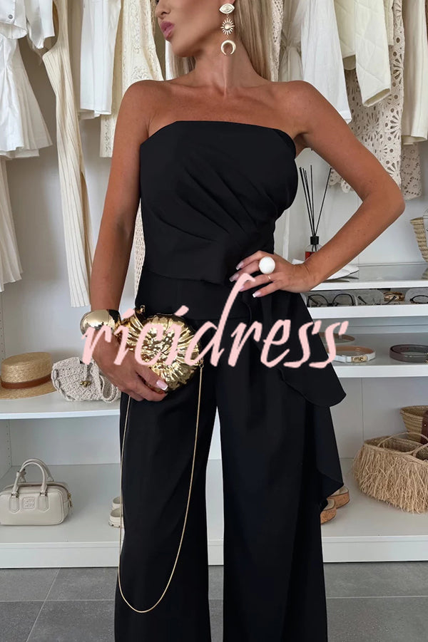 Elegant Solid Color Asymmetric Ruffles Bandeau Top and High Waist Wide Leg Pants Set